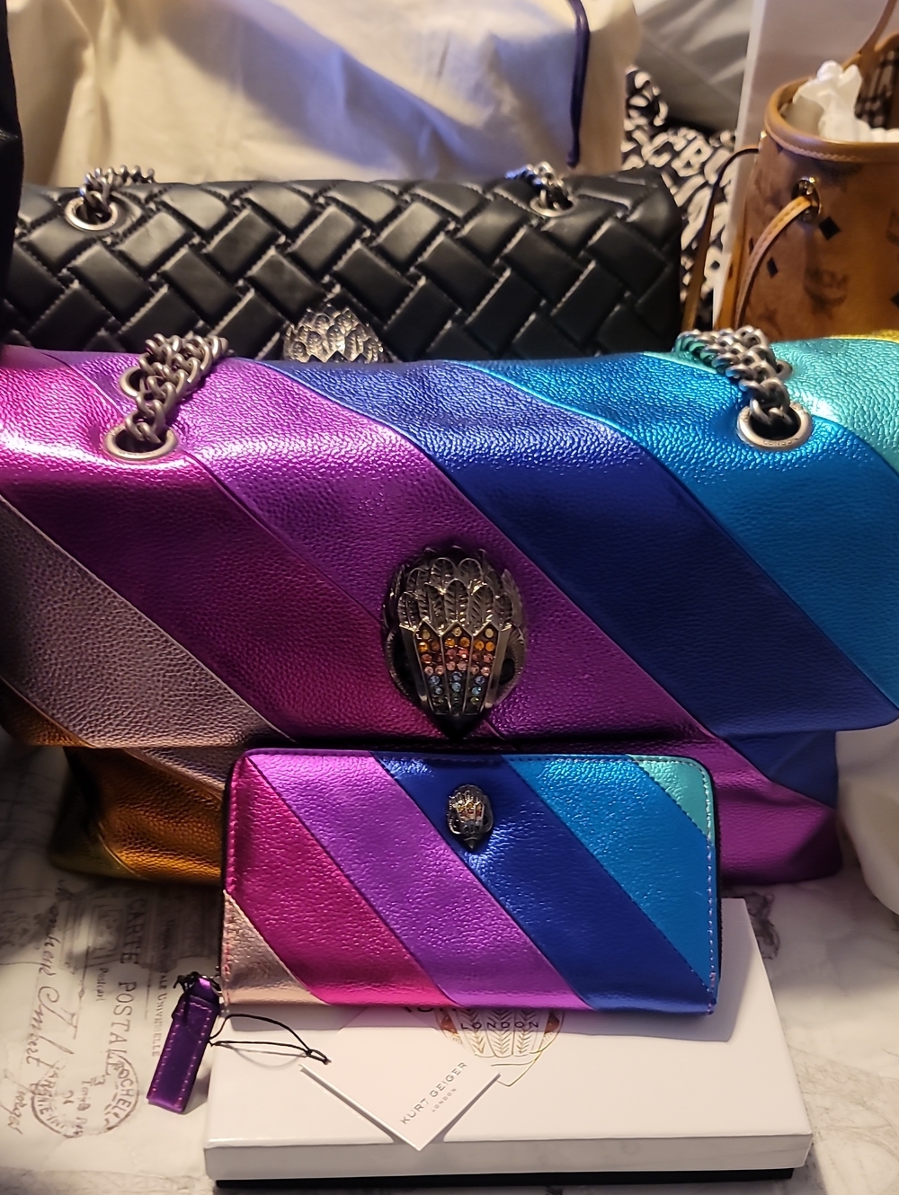 Kurt Geiger Metallic Multicolor Chevron Shoulder Bag with Matching Wallet